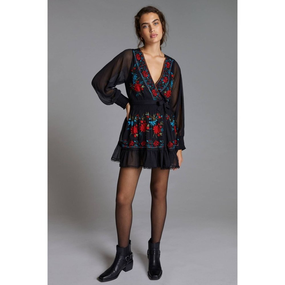 Anthropologie Not So Serious Embroidered Wrap Mini Dress - Picture 2 of 10